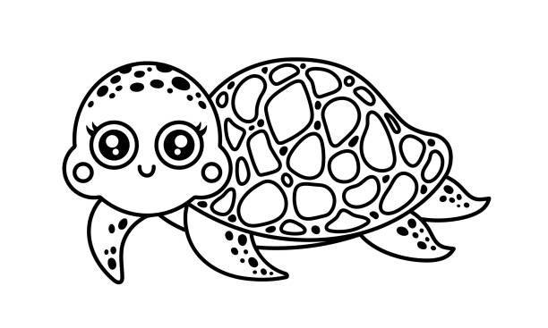 schildkröten-vektor-illustration. niedliches unterwassertier schwimmt und lächelt. geflecktes meereshaustier mit muschel. handgezeichnete umrisse, kritzeleien. malvorlage mit einem lustigen reptil. schwarz-weiß-clipart für kinder - facial expression isolated lifestyles exoticism stock-grafiken, -clipart, -cartoons und -symbole