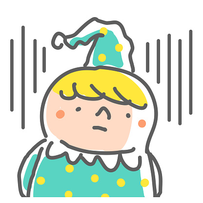 Cute Characters Design Vector Art Illustration.
Hand Drawing Line Art: A cute boy in pajamas or performance clothes looks dispirited.