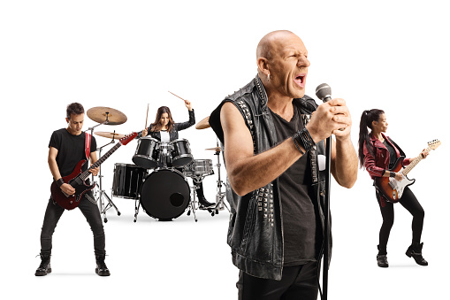 Rock star singing with a music band isolated on white background