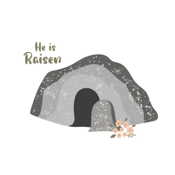 Easter Sunday tomb He is risen. Vector illustration. Cave. Empty tomb of Jesus. Easter Sunday tomb He is risen. Vector illustration. Cave. Empty tomb of Jesus. Religion holiday element, hand drawn stone and flowers isolated on white. empty tomb resurrection stock illustrations