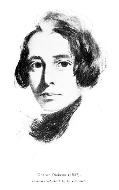 charles dickens 1837 portret, wiek 25, xix-wieczna literatura brytyjska - charles dickens victorian style author men stock illustrations