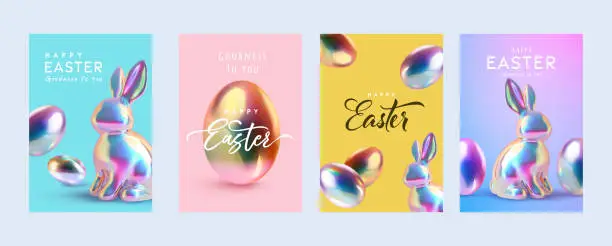 Vector illustration of Easter greeting cards,poster or banner template with Rabbit and Easter eggs in gradient metallic holographic style.Greetings and presents for Easter Day.Promotion and shopping template for Easter