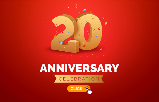 Anniversary birthday 20 years golden background. Happy vector poster 20th anniversary confetti celebration poster.