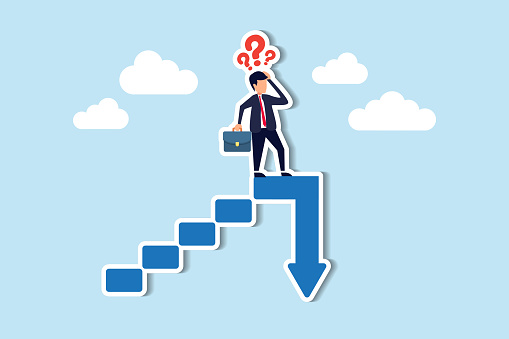 Stock market slump or bubble burst, risking investments, triggering recession, career stagnation, or financial peril concept, frustrated businessman investor climb up stair with arrow down on top.