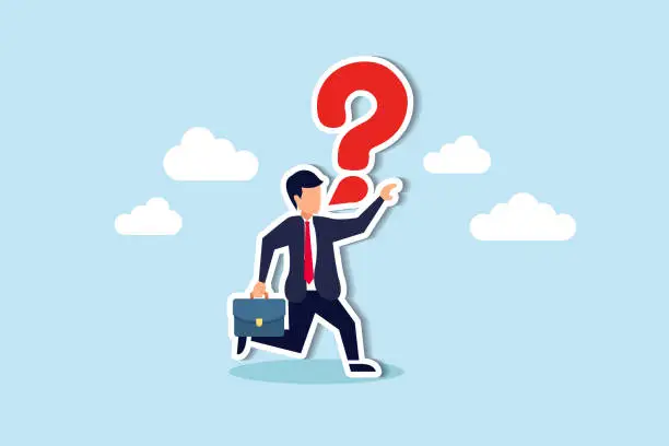 Vector illustration of Ask business queries to seek answers, vocalize to garner support in resolving work issues concept, brave confident businessman speak out loud with speech bubble question mark symbol.
