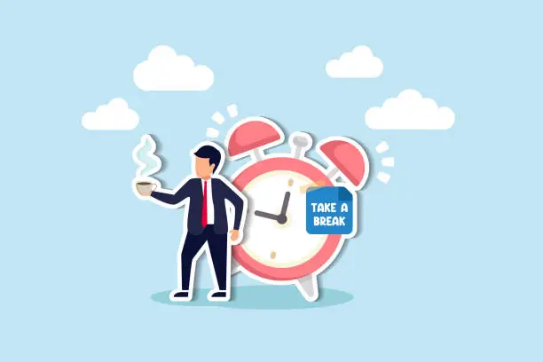 Vector illustration of Take a break, enjoy a coffee to relax and refresh, escaping boredom, sleepiness, and fatigue from long intervals of stress concept, relax businessman with a cup of coffee or tea with alarm clock.