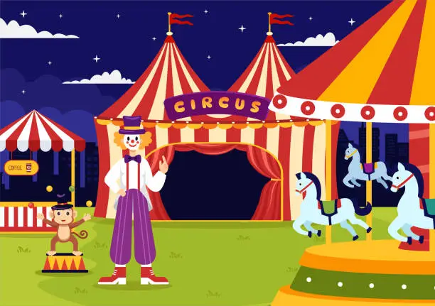 Vector illustration of Circus Vector Illustration with Show of Gymnast, Magician, Animal Lion Tiger, Host, Entertainer, Clowns and Amusement Park in Flat Cartoon Background