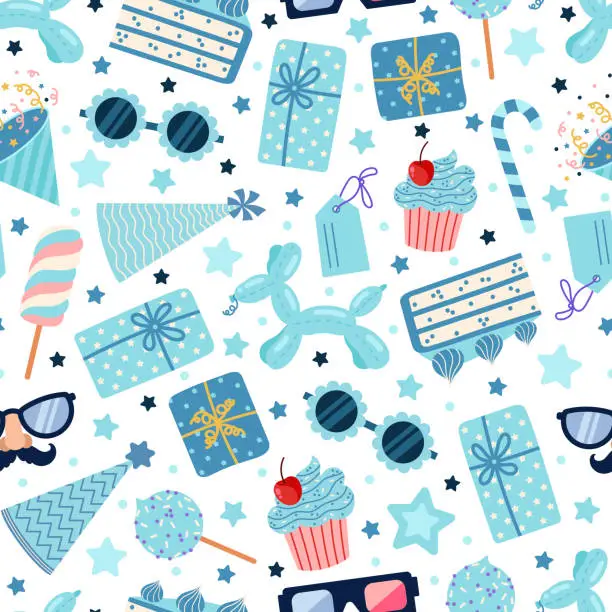 Vector illustration of Birthday party seamless vector pattern. Festive elements - balloon, funny glasses and masks, gifts, firecrackers, cake, sweets. Surprise for a kid, child, baby. Event celebration, holiday background