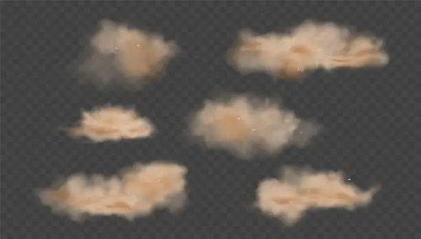 Vector illustration of Dust sand cloud dirt air vector smog transparent element. Dusty smoke cloud design.