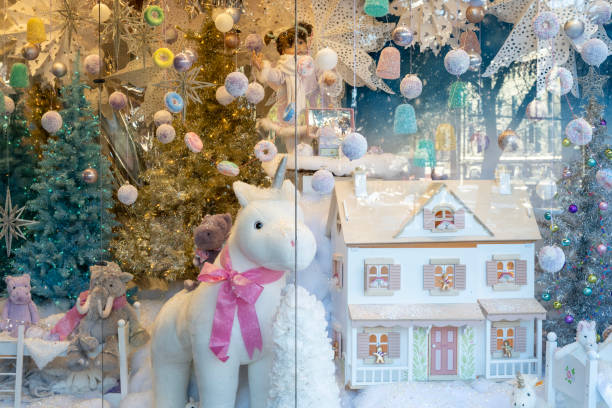 Saratoga Springs, USA - December 22, 2023. Store window with Christmas decoration in downtown Saratoga Springs, New York, USA