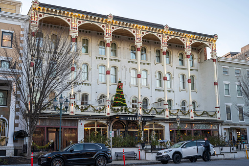 Saratoga Springs, USA - December 22, 2023. Historic Adelphi Hotel in downtown Saratoga Springs, New York, USA