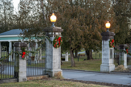 Saratoga Springs, USA - December 22, 2023. Entrance of Historic Congress Park with Christmas decoration in Saratoga Springs, New York, USA