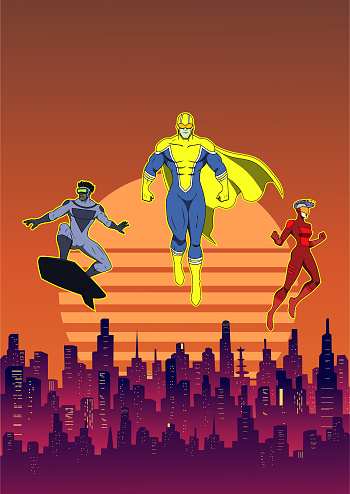 A cartoon style vector illustration of a team of three masked superheroes flying floating in mid-air with futuristic cyberpunk cityscape and synthwave style sunset in the background. Wide space available for your copy.