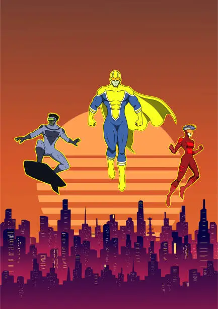 Vector illustration of Vector Masked Superhero Team Flying Floating Above Synthwave Cyberpunk Cityscape Stock Illustration