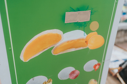 Menu featuring pictures of different types of mochi, a Japanese rice cake made of mochigome. The poster highlights one mochi in particular with the word 