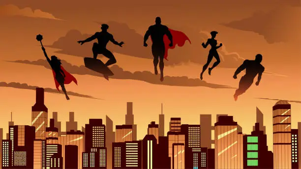 Vector illustration of Vector Superheroes Team Silhouette Flying Floating above Cityscape Stock Illustration