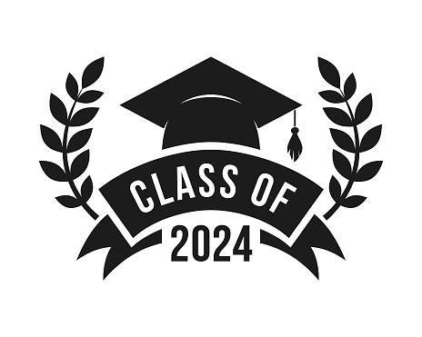 Stylized graduation greeting badge, card, banner, poster, or t-shirt concept with mortarboard/academic cap with tassel, CLASS OF 2024  lettering, laurel branches and ribbon - cut out monochrome vector emblem