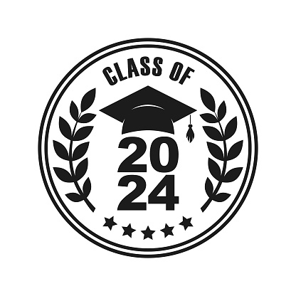 Stylized graduation greeting badge, banner, rubber stamp, imprint, seal, overlay or t-shirt concept with mortarboard/academic cap with tassel, CLASS OF 2024  lettering, laurel branches and stars - cut out monochrome vector emblem