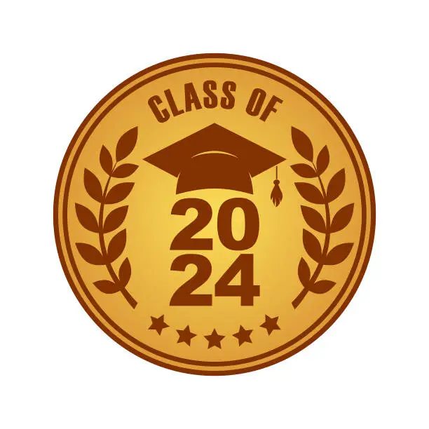 Vector illustration of Class of 2024 Graduation Greeting Badge, Medal, Rubber Stamp, Imprint, Seal with Mortarboard, Laurel Branches and Stars - vector emblem