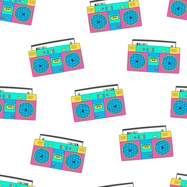 Vector illustration of Seamless pattern, boombox, 90s.