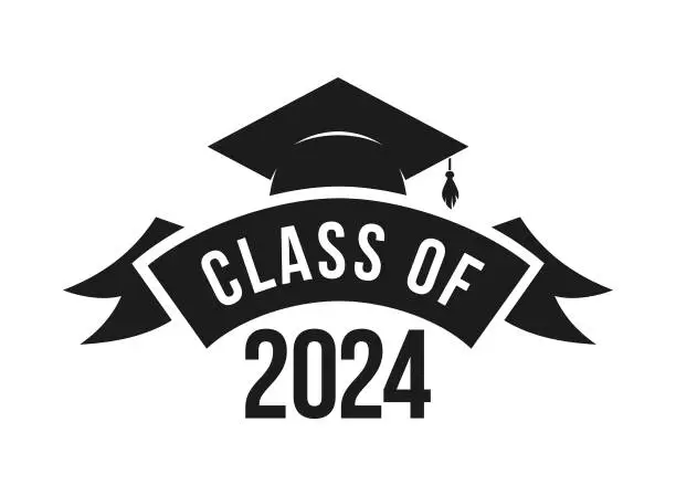 Vector illustration of Class of 2024 Graduation Emblem, Ceremony Greeting Badge with Mortarboard and Ribbon - cut out vector icon