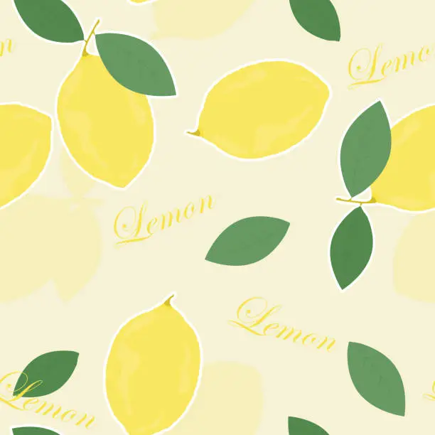 Vector illustration of Lemon with Leaves Seamless Background for Web, Mobile, Card, Sticker, T-Shirt, Textile Shopper Bag and Other Garment.