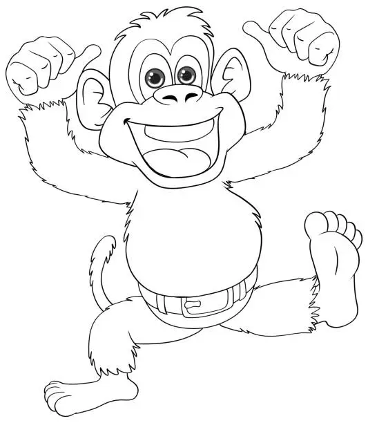 Vector illustration of Happy cartoon monkey with arms raised in joy.