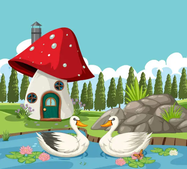 Vector illustration of Two ducks swimming by a whimsical mushroom abode