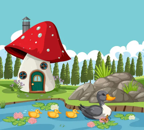 Vector illustration of Colorful illustration of ducks near a mushroom house