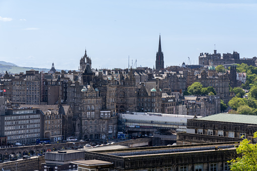 June 3 2023: Edinburgh Scotland - Old City in Edinburgh Seen from Calton Hill on a Sunny Day