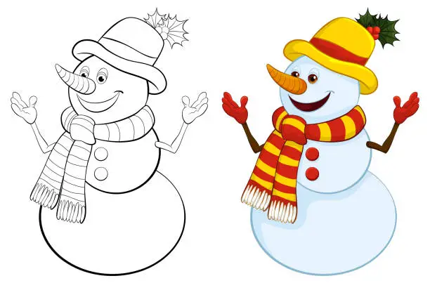 Vector illustration of Two smiling snowmen dressed in colorful winter clothes.