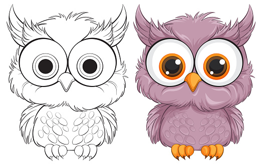 Two stylized vector owls with expressive eyes