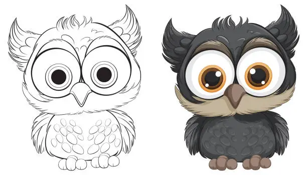 Vector illustration of Two styles of a cartoon owl, colored and outlined.