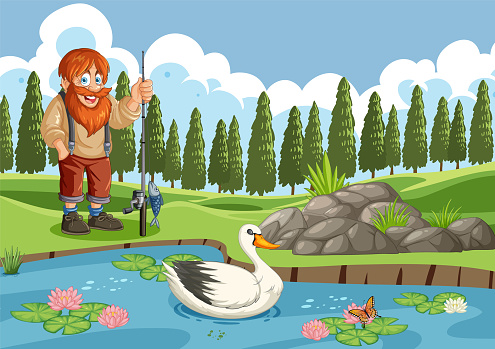 Cheerful bearded man fishing near a calm pond