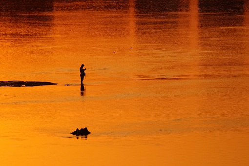 Man fishes in a golden river