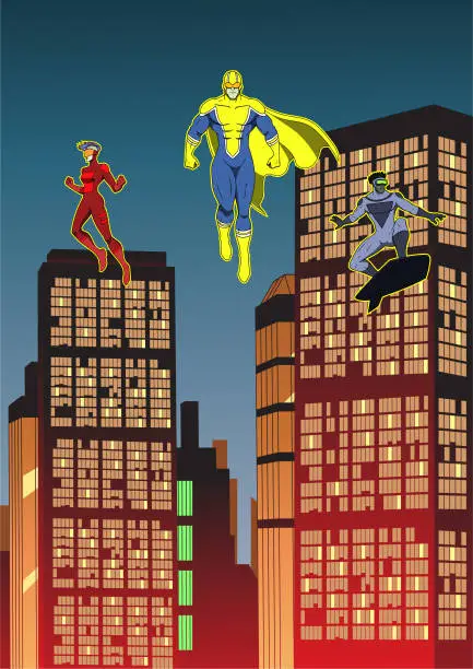 Vector illustration of Vector Masked Superhero Team Flying Floating Above City Buildings Stock Illustration