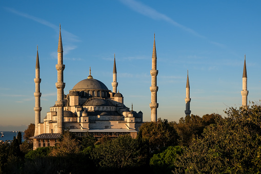 View of the Blue Mosque, also known as the Sultan Ahmed Mosque, an Ottoman-era historical imperial mosque located in Istanbul, Turkey. Constructed between 1609 and 1617 during the rule of Ahmed I and remains a functioning mosque today.