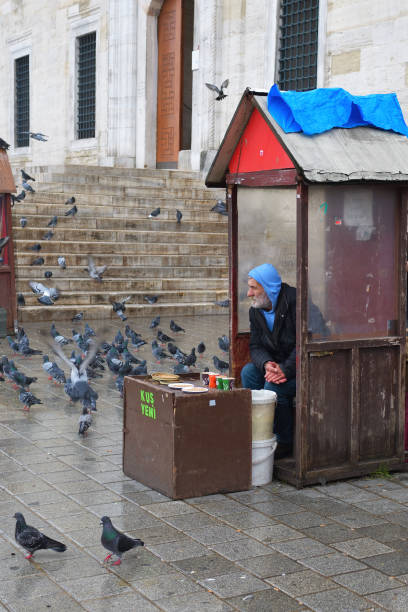 Istanbul, Turkey - December 10, 2023: Senior seller of grains for birds is seating in the cabin by the New Mosque and Egyptian Bazaar