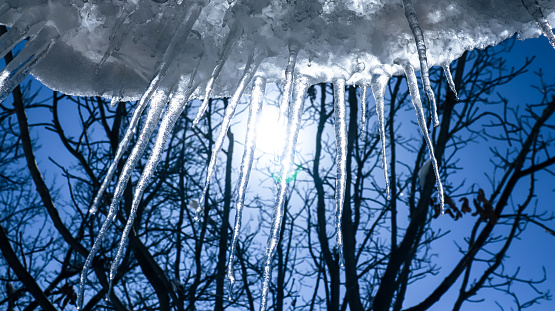 Shiny clear ice icicles hang on a clear day. Winter concept ice background