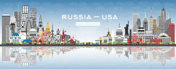 Vector illustration of Russia and USA skyline with gray buildings and blue sky. Famous landmarks. USA and Russia concept. Diplomatic relations between countries.