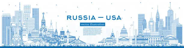 Vector illustration of Outline Russia and USA skyline with blue buildings. Famous landmarks. USA and Russia concept. Diplomatic relations between countries.