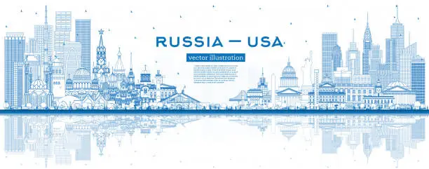 Vector illustration of Outline Russia and USA skyline with blue buildings. Famous landmarks. USA and Russia concept. Diplomatic relations between countries.