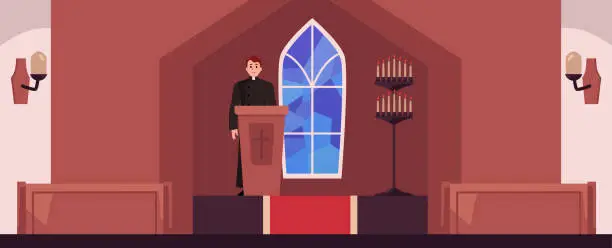 Vector illustration of Catholic or Baptist Christian worship in church, flat vector illustration.