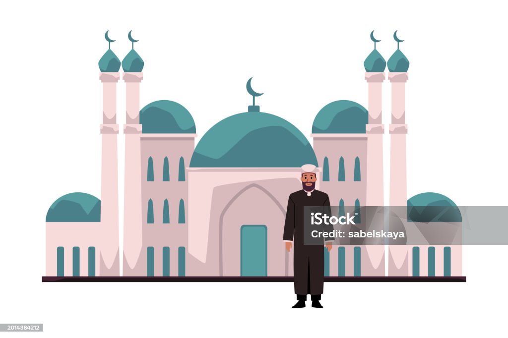 Muallaf Vector Mullah Imam Or Mufti On Background Mosque With Crescent Vector Islamic ...