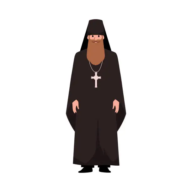 Vector illustration of Priest in a black cassock with cross, vector Pastor or Pope standing isolated, Christianity religion, Orthodox prayer