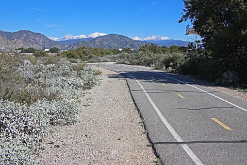 Lush shrubland surround the paved San Gabriel River Bikeway with snowcapped San Gabriel Mountains for the background.