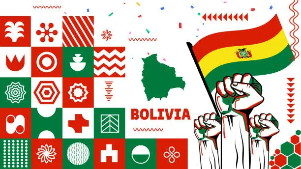Vector illustration of Bolivia Flag with raised fists. Bolivia National or Independence day design for Bolivian people. Modern retro red yellow green abstract banner cover template. Corporate Business Vector illustration