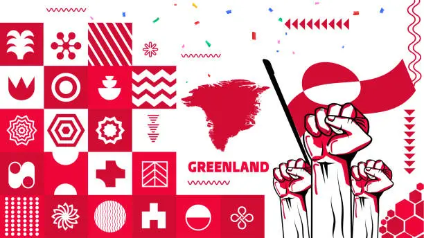 Vector illustration of Greenland national day banner design. Greenlandic flag theme graphic triangle art web background. Abstract celebration, red white color. Inuit Greenlander flag geometric abstract vector illustration.