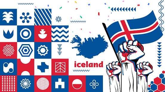 Iceland national day banner design. Icelandic flag theme graphic art web background. Abstract celebration geometric decoration, red white blue color. Icelanders flag vector illustration.