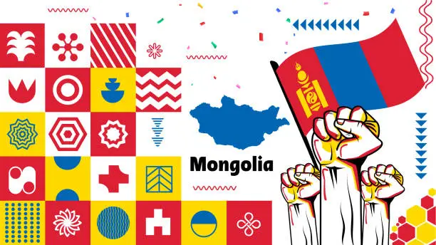 Vector illustration of Mongolia Flag and map with raised fists. National or Independence day design for Mongolian people. Modern retro maroon blue traditional abstract banner cover template. Vector illustration.
